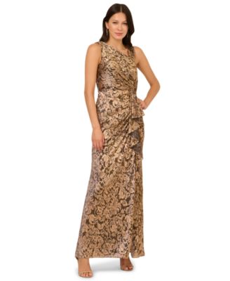 Women's Asymmetrical-Neck Metallic-Crinkle Wedding Guest Long Dress