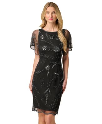 Women's Sheer-Flutter-Sleeve Floral-Print Beaded Dress