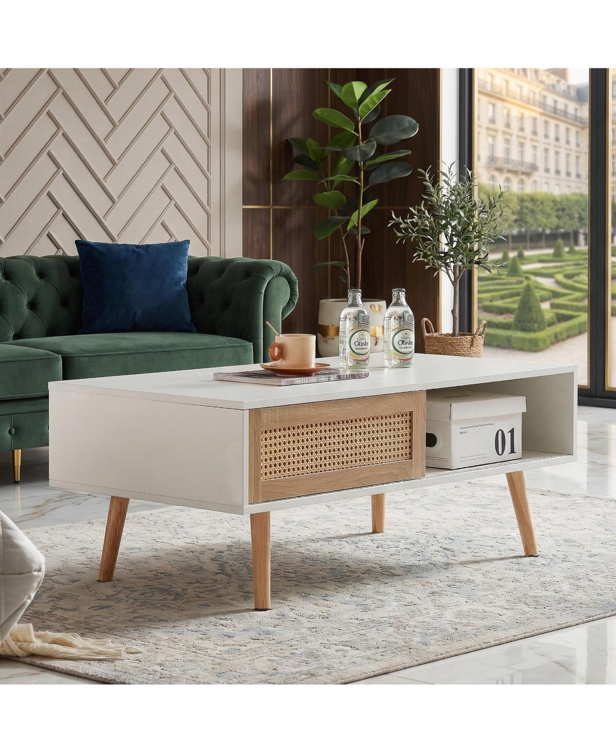 Flynama Rattan Coffee Table Sliding Door Storage Wood Leg Modern Living Room Table