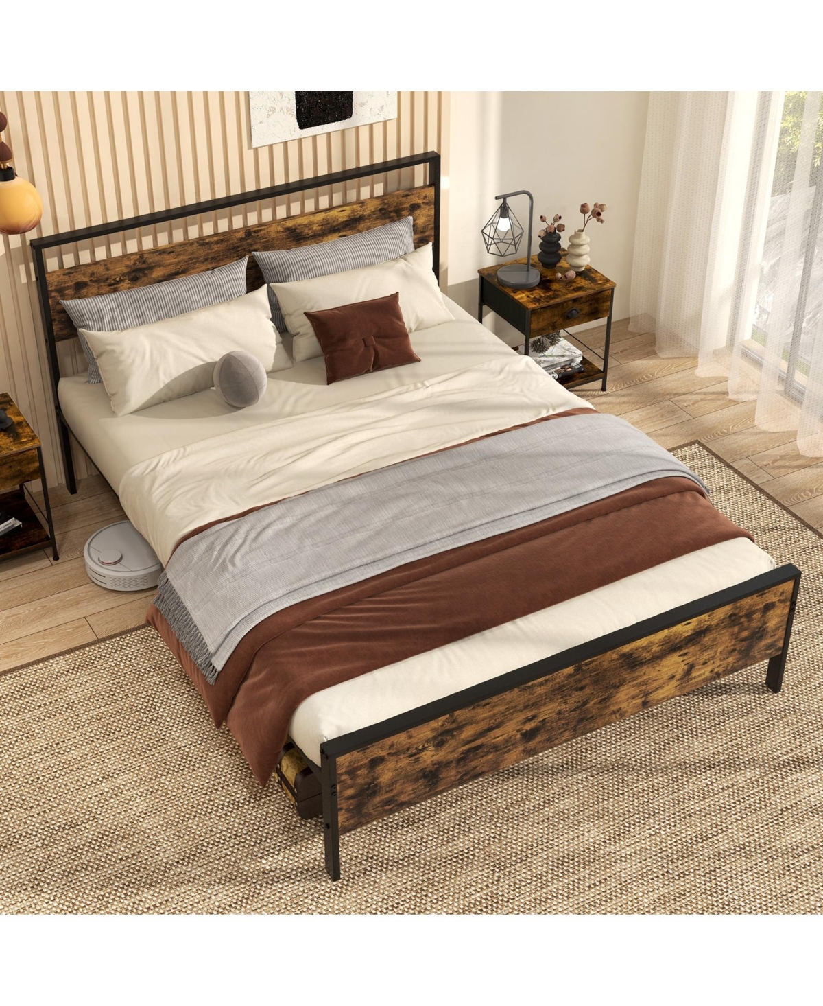 Slickblue Metal Platform Bed Frame with Wooden Headboard