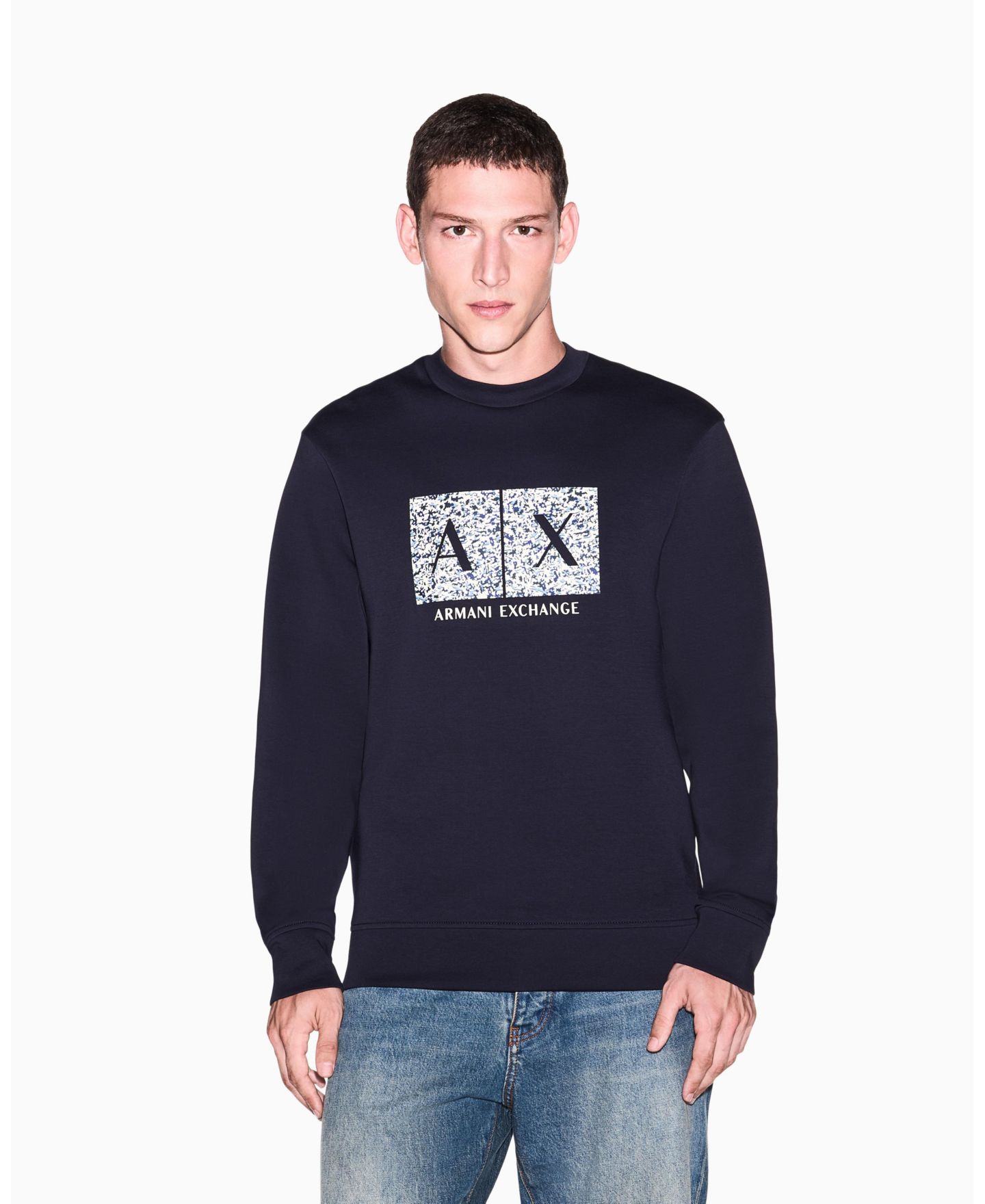 Мужская толстовка A|X Armani Exchange Long Sleeve All-Over Logo Bonded Cotton Crewneck, цвет: Глубокий тёмно-синий — фото 7