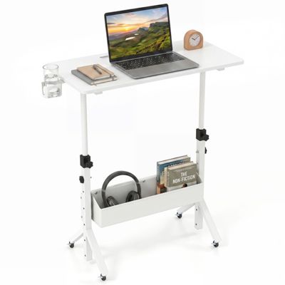 Mobile Standing Desk with Cup Holder and Storage Basket