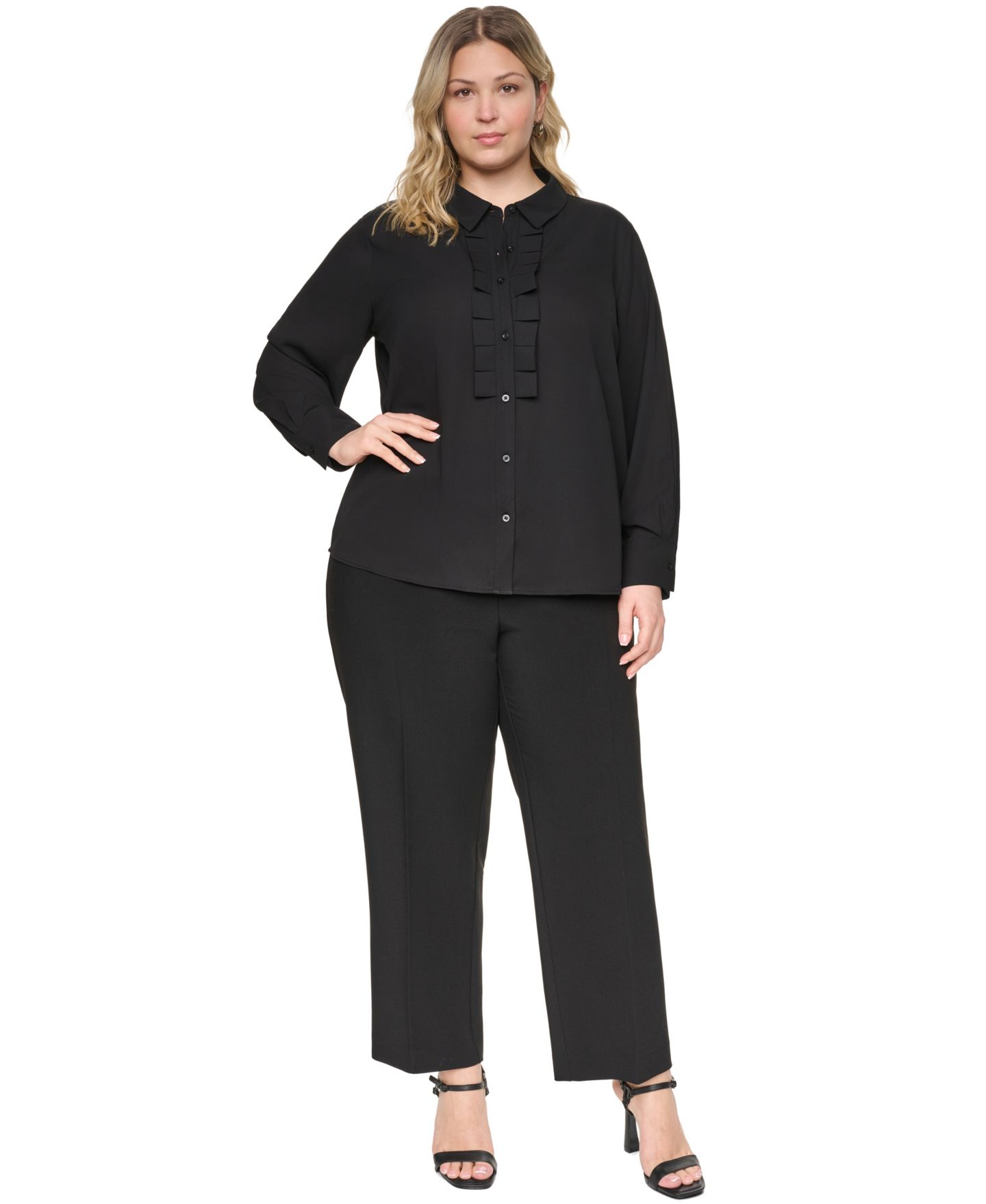 Женская блузка KARL LAGERFELD PARIS Plus Size Long-Sleeve Collared Pleated Blouse, цвет: Чёрный — фото 2