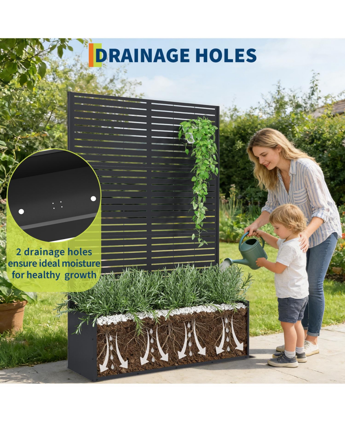 46.5"W x 15.7"D 71"H Metal Trellis with Planter Box, Laser Cut Privacy Screen for Climbing Plants, Garden, Patio, Backyard, Black