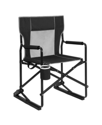 Portable Black Folding Rocking Camping Chair with Cup Holder, Breathable Backrest, 265 lb Capacity