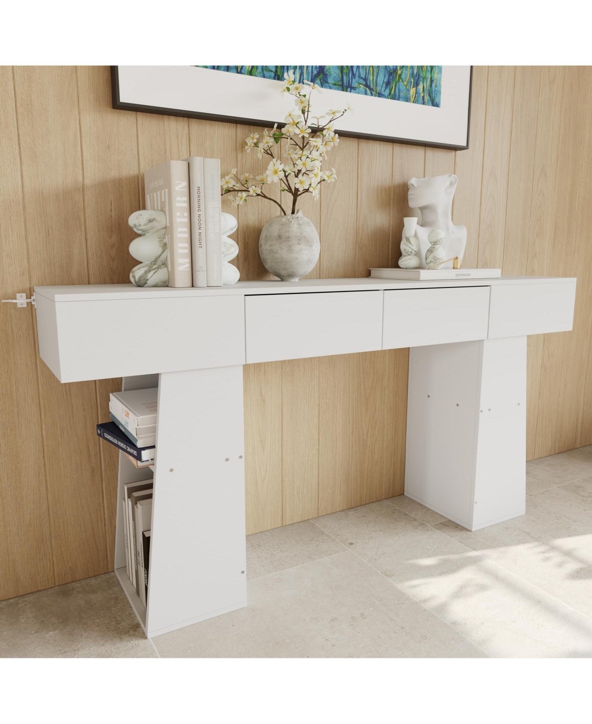 63" Long Console Table with 2 Drawers, Modern Farmhouse Entryway Table Behind Couch Hidden Storage, Narrow Wood Sofa Table for Hallway, Living Room