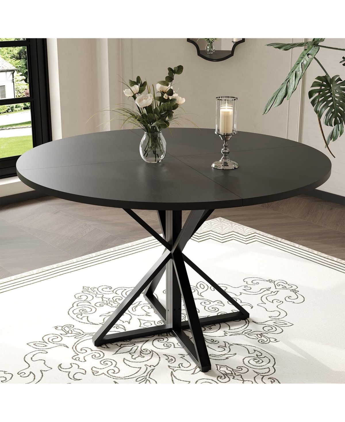 47 Inch Round Wood Dining Table, K-Shaped Carbon Steel Pedestal Base, Heat and Water Resistant Mdf Tabletop, Space Saving Industrial Dinner Table