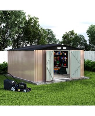 12x12 FT Outdoor Storage Shed, Color Steel Construction with Vent and Lock for Backyard Garden Tool Organization, Black and Brown