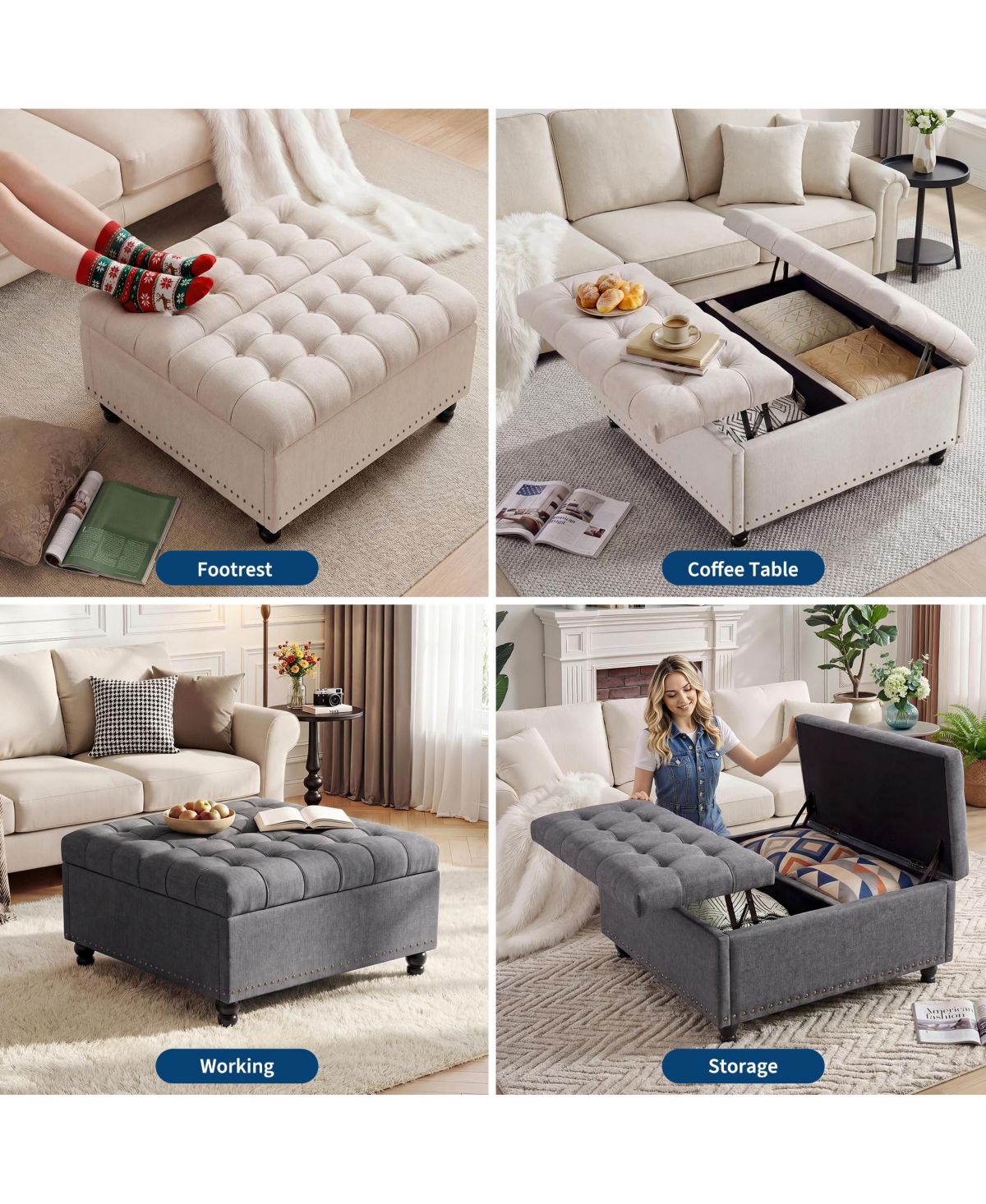 35" x 35" x 18" Storage Ottoman Bench with Flip-Top, Linen Upholstered Chest and Rubber Wood Legs, for Bedroom Entryway Living Room, Beige