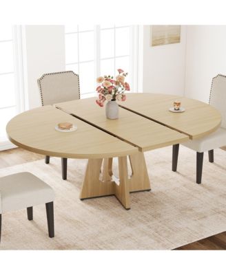 47-63 Inch Extendable Round to Oval Farmhouse Dining Table with Wood Cross Base, Seats 4-8,Wood Color