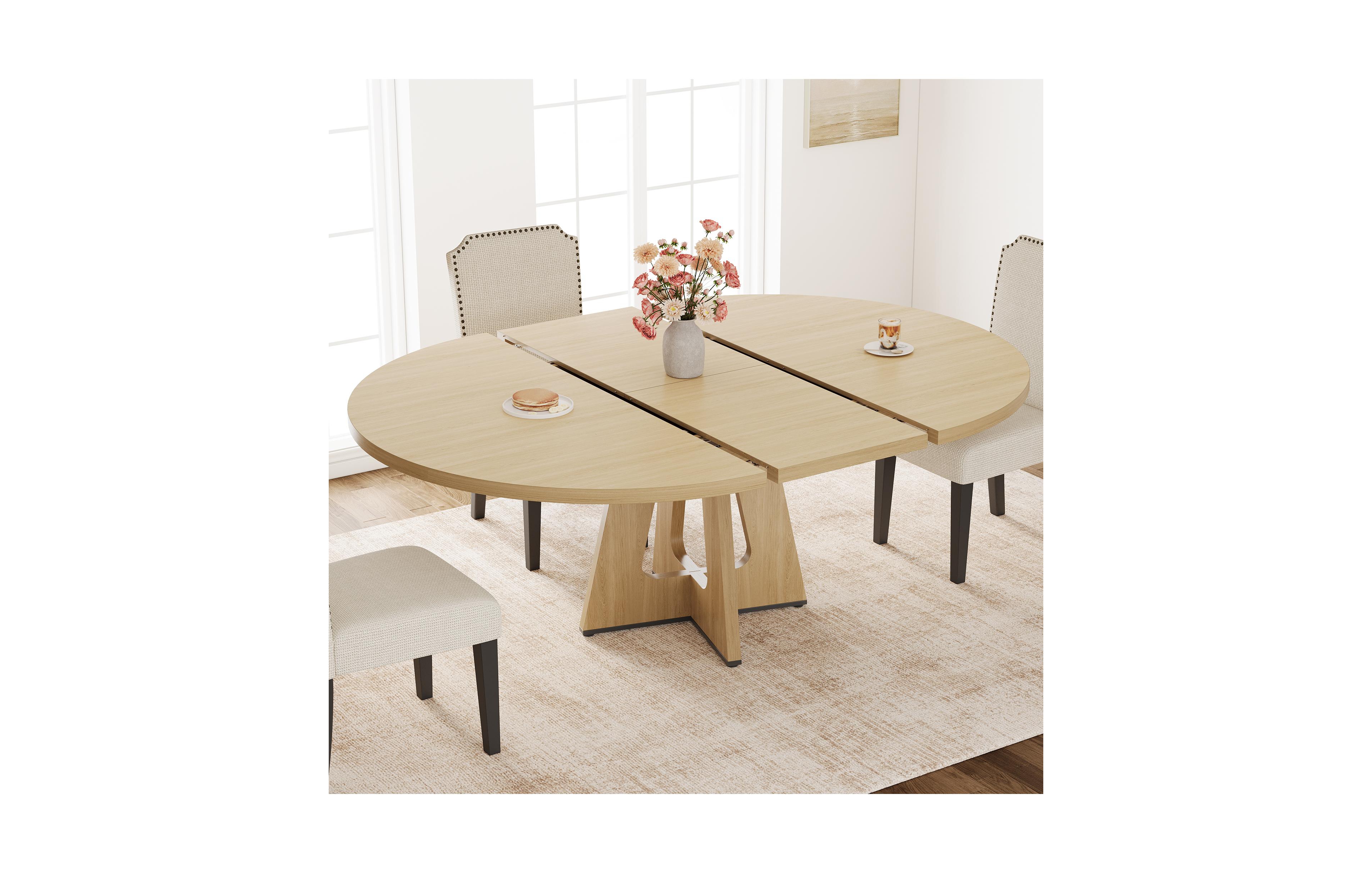 47-63 Inch Extendable Round to Oval Farmhouse Dining Table with Wood Cross Base, Seats 4-8,Wood Color