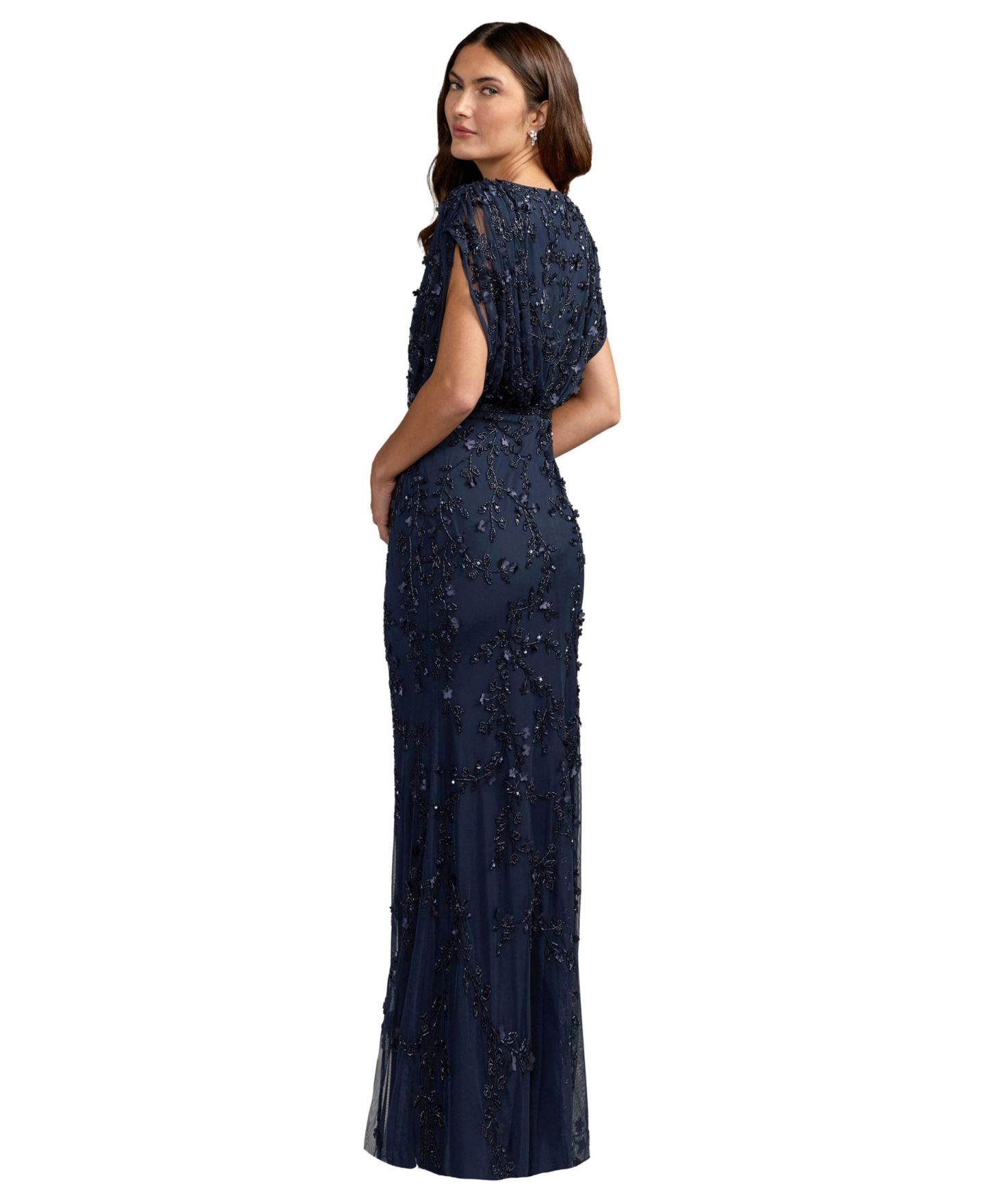 Женские платья Mac Duggal Beaded-Embroidered Floral V-Neck Gown, цвет: Тёмно-синий — фото 2