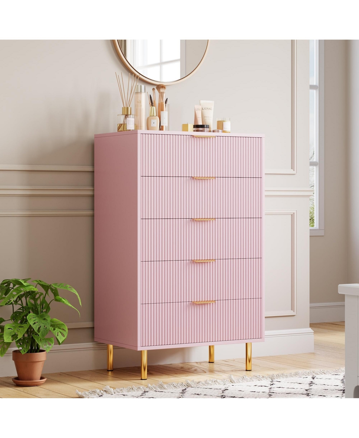 5 Drawer Dresser, Modern Fluted Chest of Drawers with Gold Handles, Multi-Purpose Storage Cabinet for Bedroom Living Room Entryway Hallway