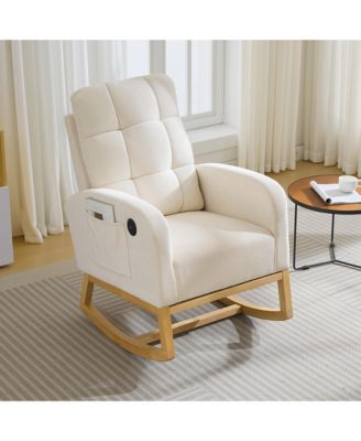 Rocking Chair, Upholstered Glider Armchair for Nursery | Modern Rocker with USB Ports and Side Pocket for Living Room Nursing Room