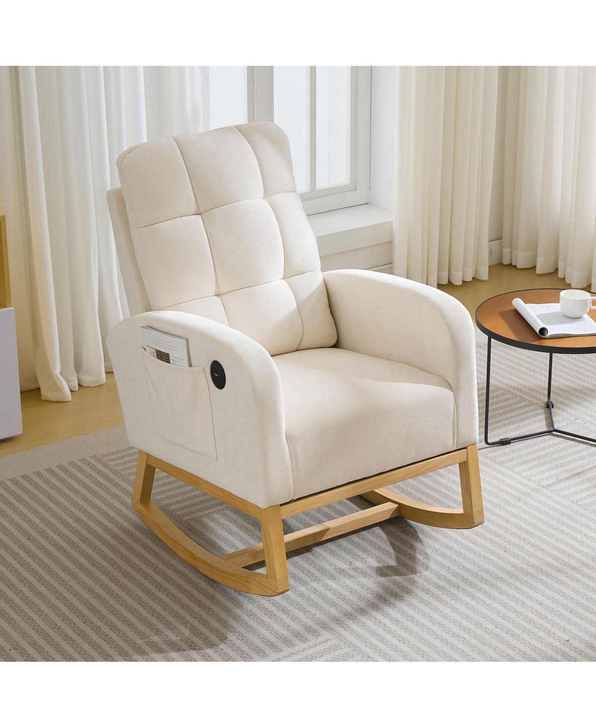 Rocking Chair, Upholstered Glider Armchair for Nursery | Modern Rocker with Usb Ports and Side Pocket for Living Room Nursing Room