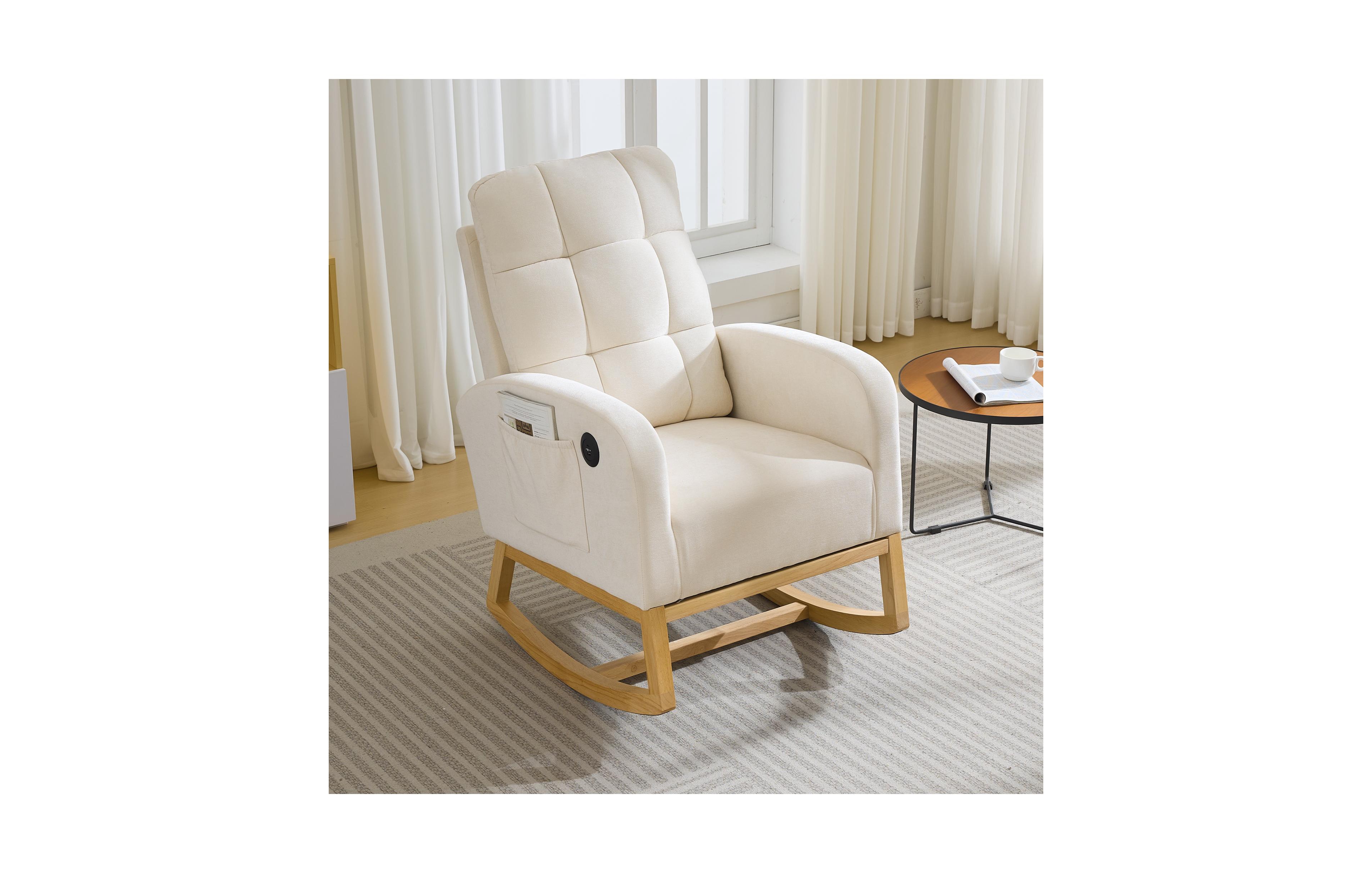 Rocking Chair, Upholstered Glider Armchair for Nursery | Modern Rocker with Usb Ports and Side Pocket for Living Room Nursing Room