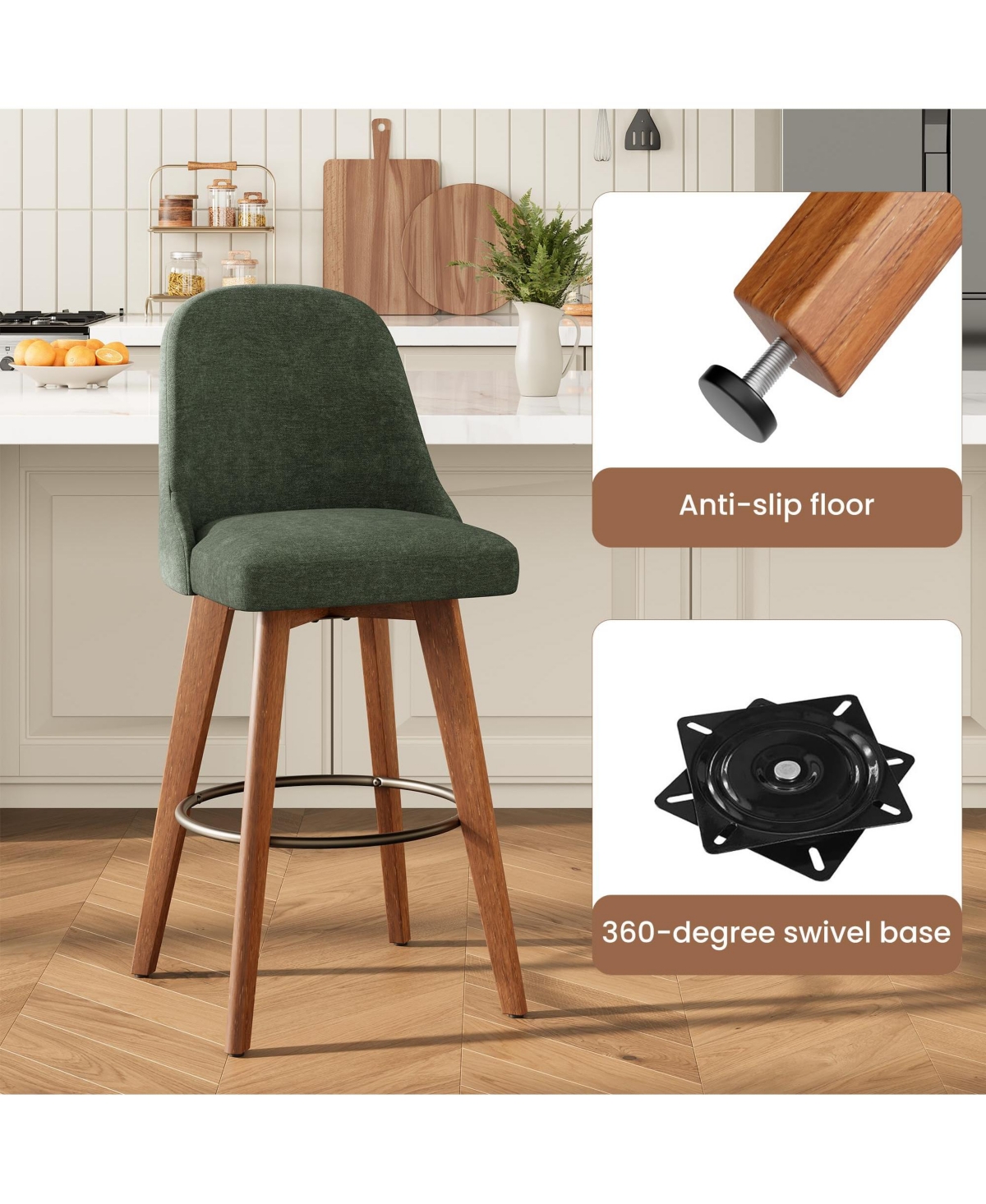 Counter Height Bar Stools Set of 4, Linen Fabric Upholstered Bar Chairs with Backs and Wood Legs, 360degree(s) Swivel Barstools