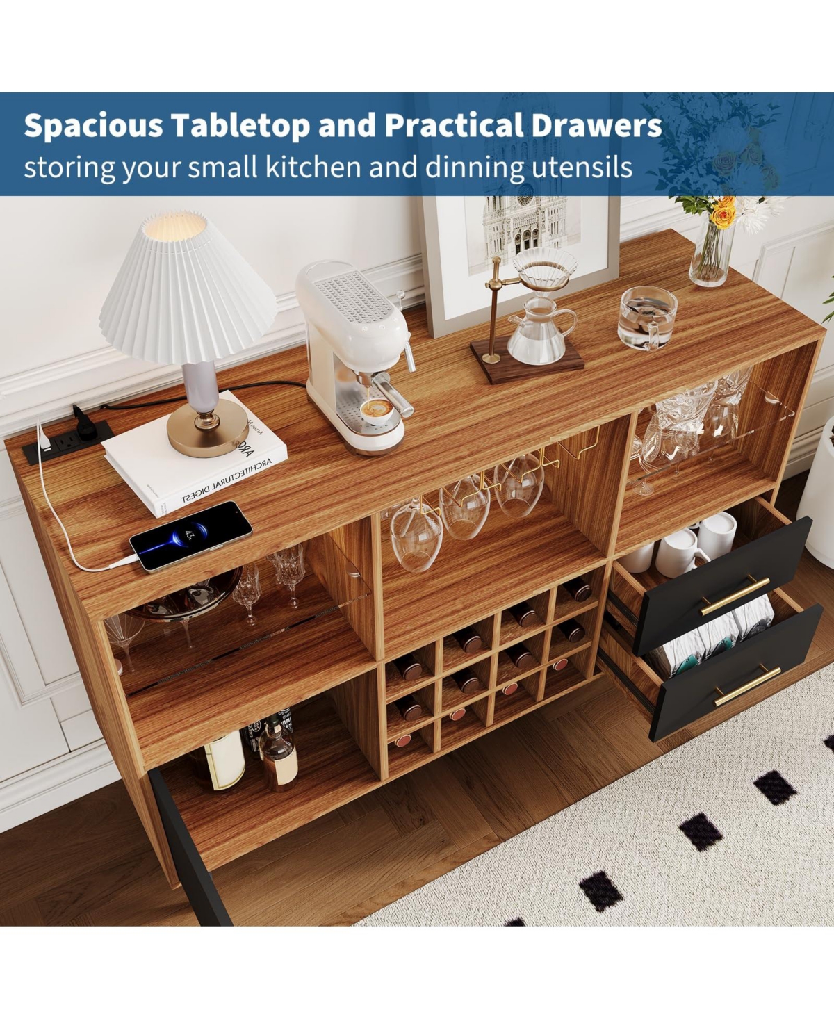47.2" Wood Color Wine Bar Cabinet with Led Lights, Charging Station, Wine Rack and Glass Holder