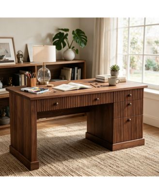 54" Fluted Home Office Desk with File Drawer, Charging Station, Modern Executive Computer Writing Desk for Study Room, Brown