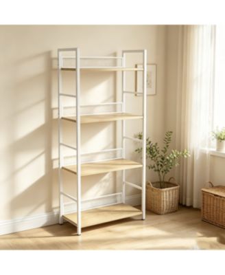 4-Tier Industrial Bookshelf, Metal and Wood Freestanding Open Display Rack with Anti-Fall Mesh Guard, Anti-Tip Kit for Home Office Bedroom Living Room