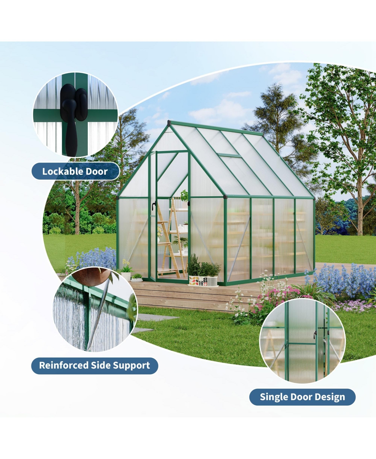 6x7 Ft Walk-In Sun Room Greenhouse, Aluminum Frame with Clear Polycarbonate Panels for Patio Backyard Garden All-Season Growing, Green/Silver