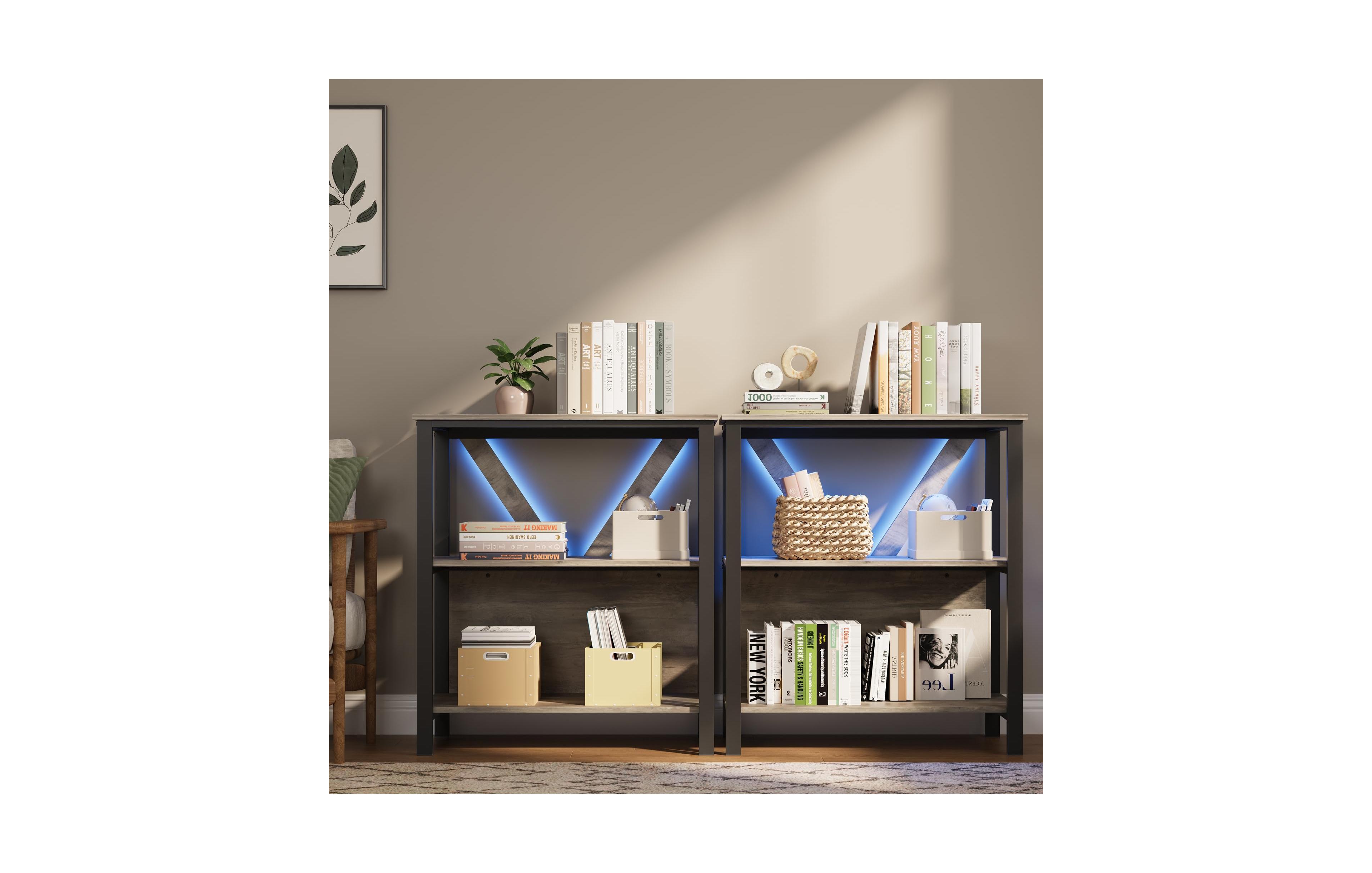 Set of 2 Three-Tier Bookshelves with Led Light Strips, Modern Display Shelf with Backlights for Living Room Bedroom Home Office, Grey