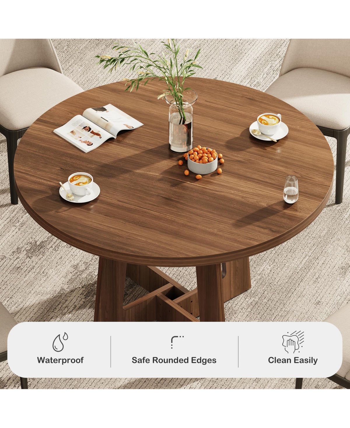 Dining Table for 4, 43 in. Rustic Round Kitchen Table for Home Dining Room Living Space