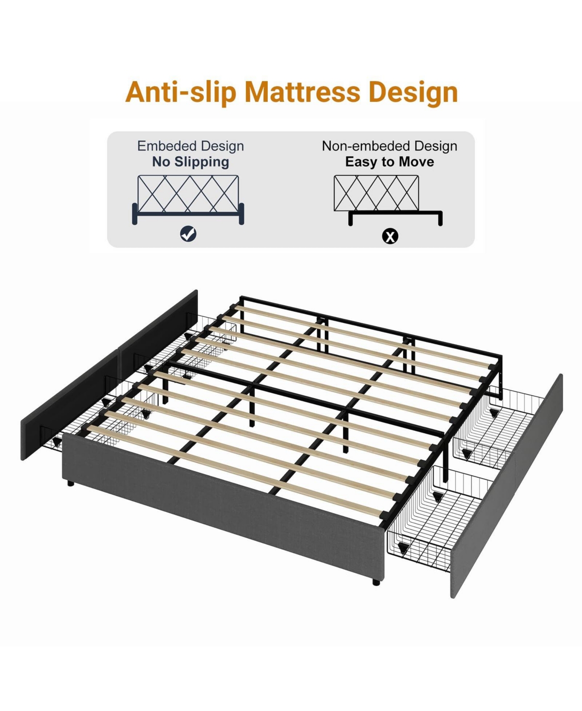 King/Queen/Full Upholstered Platform Bed with Drawers, Linen Storage Bed Frame, Engineered Wood for Bedroom
