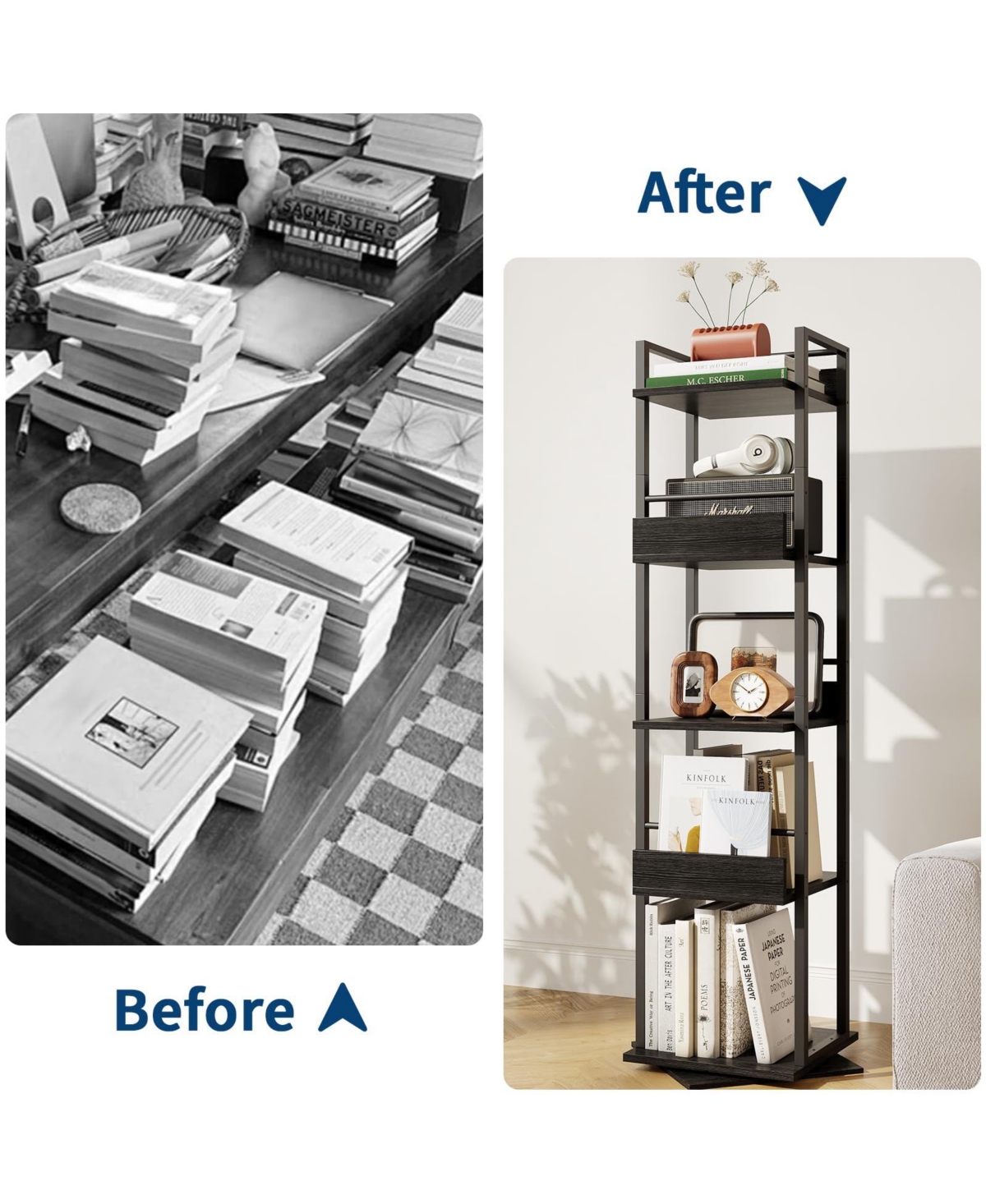 homfan 5-Tier Corner Bookshelf, 360-Degree Rotating Tall Narrow Bookcase with Guardrail, Industrial Storage Rack for Living Room Bedroom Home Office