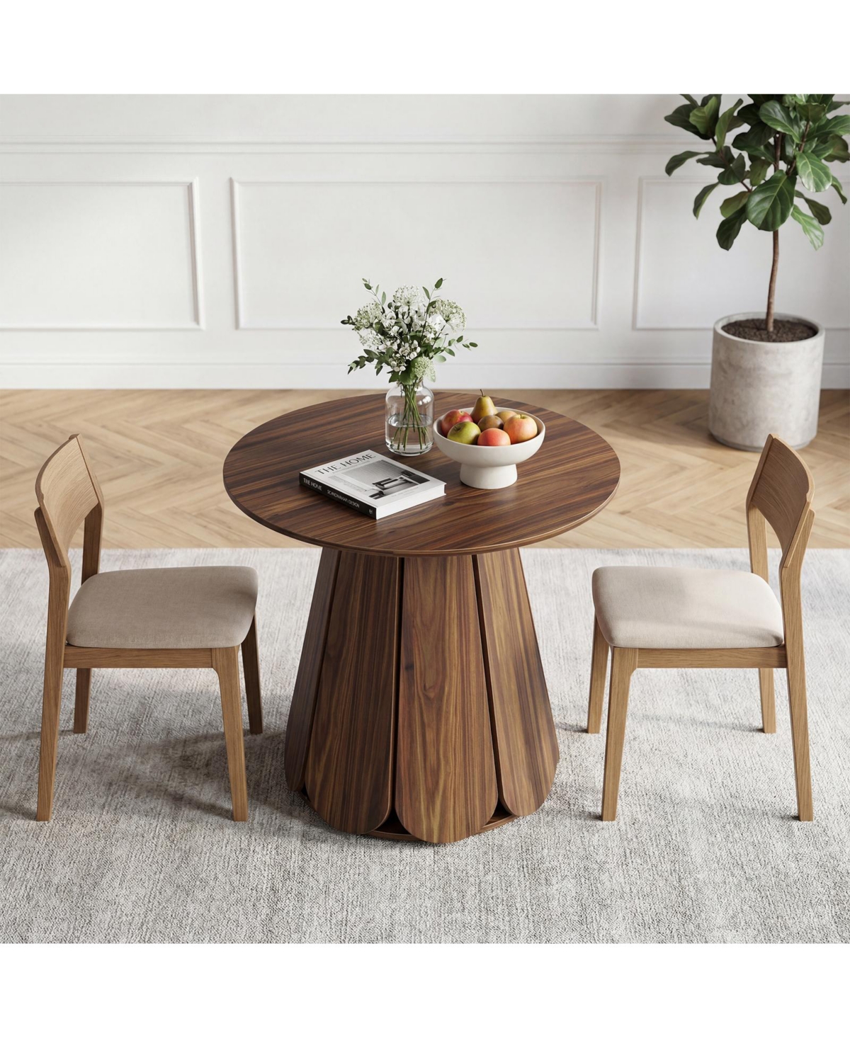 31.5" Brown Round Farmhouse Dining Table with Pedestal Base, Seats 2-4