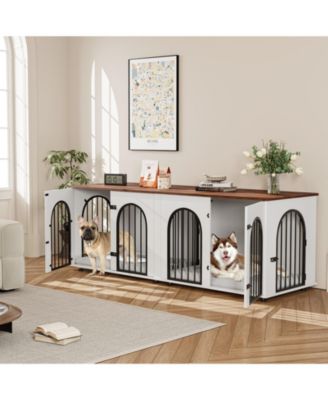 Dog Crate Furniture with Removable Divider, 71 Inch Indoor Double Pet Kennel Home for 2 Dogs, TV Stand End Table, White and Brown
