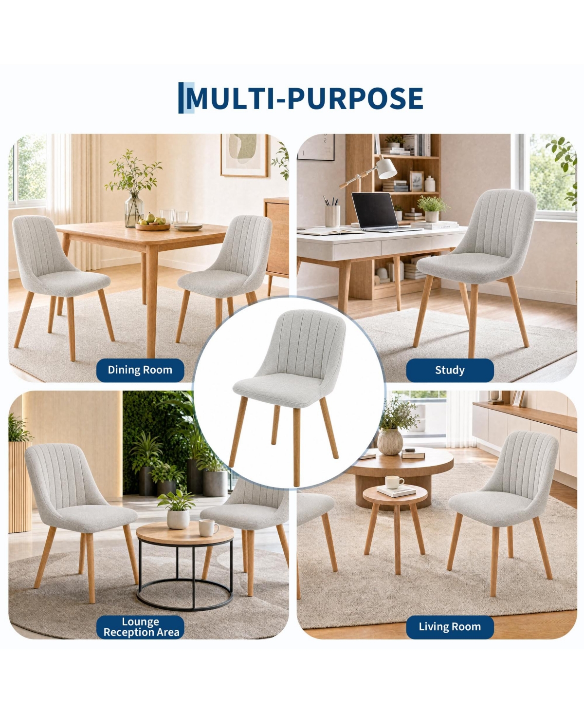 Set of 2 Upholstered Dining Chairs, Fabric Covered Seats with Ergonomic Curved Backrest, Wood Legs, Easy-Clean Surface, 300 lbs Load Capacity