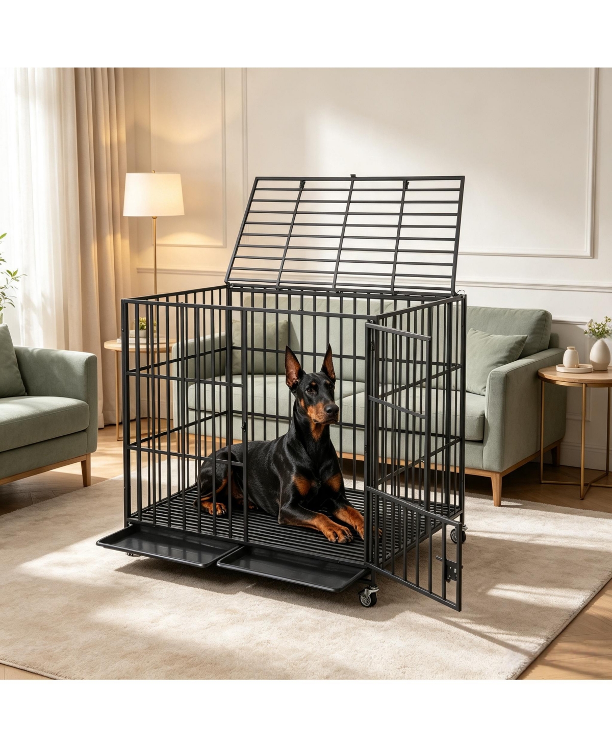 Large Heavy Duty Dog Crate, Large Metal Wire Kennel with Double Doors for Medium Large Dogs, Foldable with Removable Tray