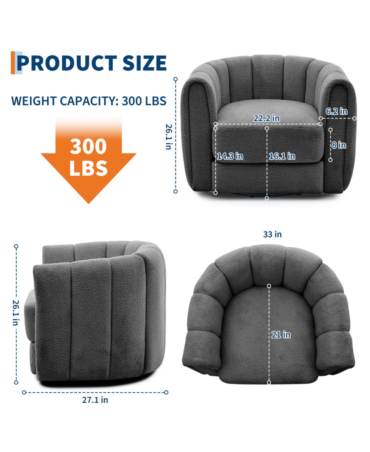 Swivel Barrel Accent Chair, Soft Fleece Upholstered Lounge Armchair with Spacious Base for Living Room, Bedroom, Office, Gray