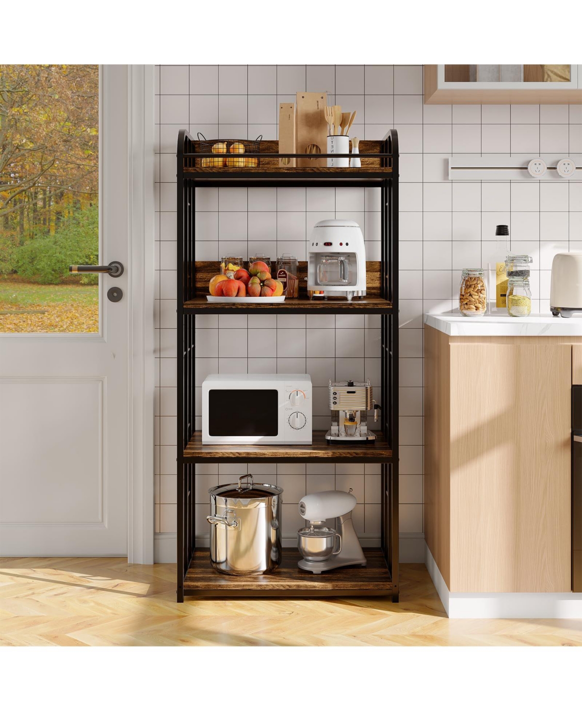 25"D x 16"W 56"H 4-Tier Storage Shelf, Heavy Duty Iron Pipe and Engineered Wood Shelving Unit for Kitchen, Living Room, Garage, Golden Armor