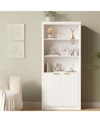 31.5 x 14 x 71 in Set of 2 Storage Cabinets with Doors and Crown Molding, Engineered Wood Tall Bookcase for Living Room Home Office, White
