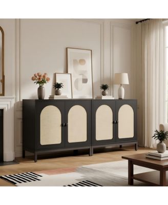32 x 16 x 28 in Set of 2 Rattan Storage Cabinets with Arch Doors, Engineered Wood Cabinet with Shelves for Living Room Entryway, Black