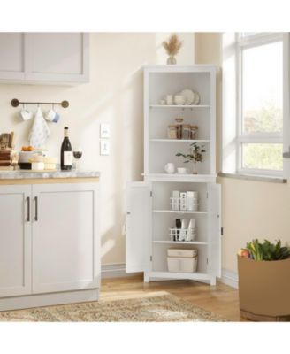 23 x 17 x 64 in 2 Door Corner Cabinet with Rattan Doors, Engineered Wood Storage Cabinet with Shelves for Living Room Entryway, White