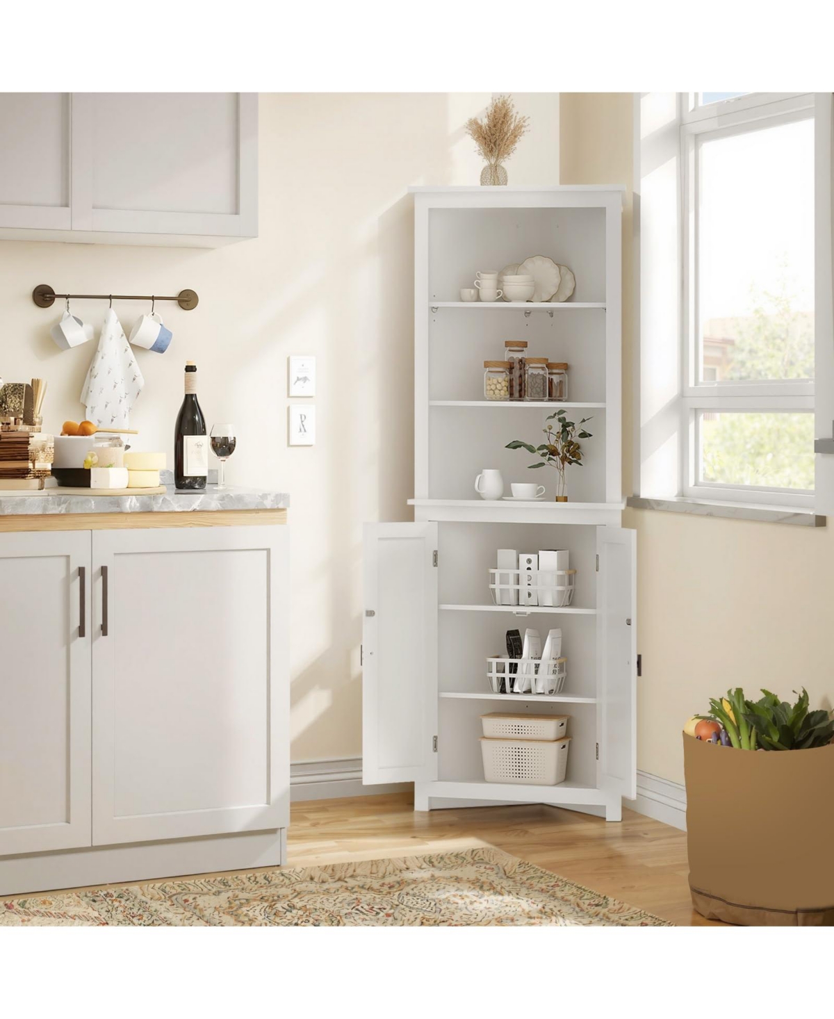 23 x 17 x 64 in 2 Door Corner Cabinet with Rattan Doors, Engineered Wood Storage Cabinet with Shelves for Living Room Entryway, White