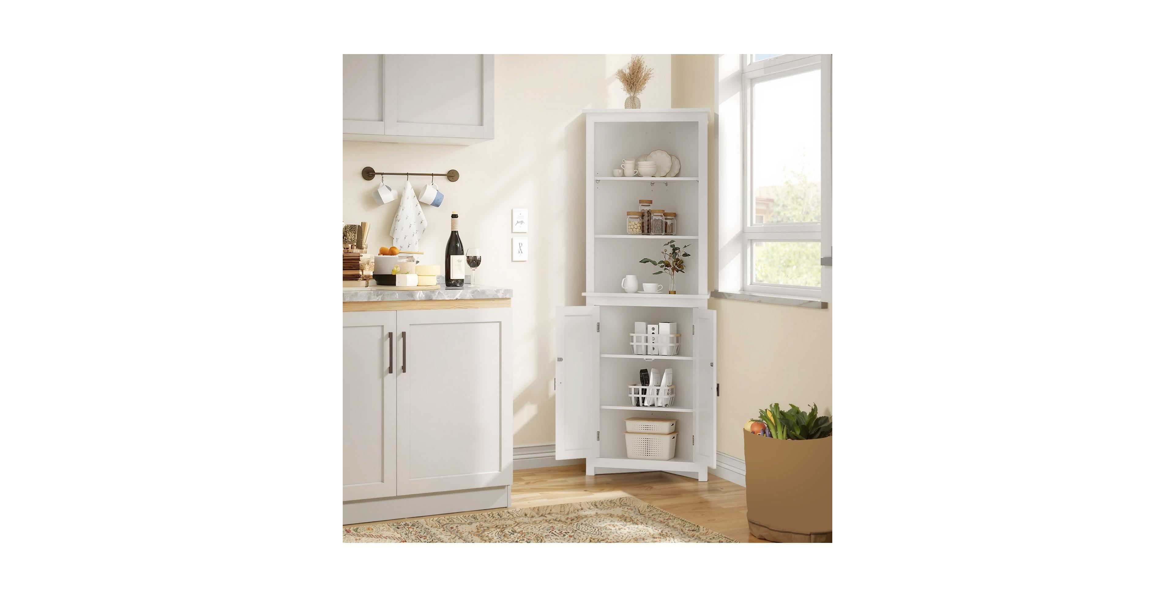 23 x 17 x 64 in 2 Door Corner Cabinet with Rattan Doors, Engineered Wood Storage Cabinet with Shelves for Living Room Entryway, White