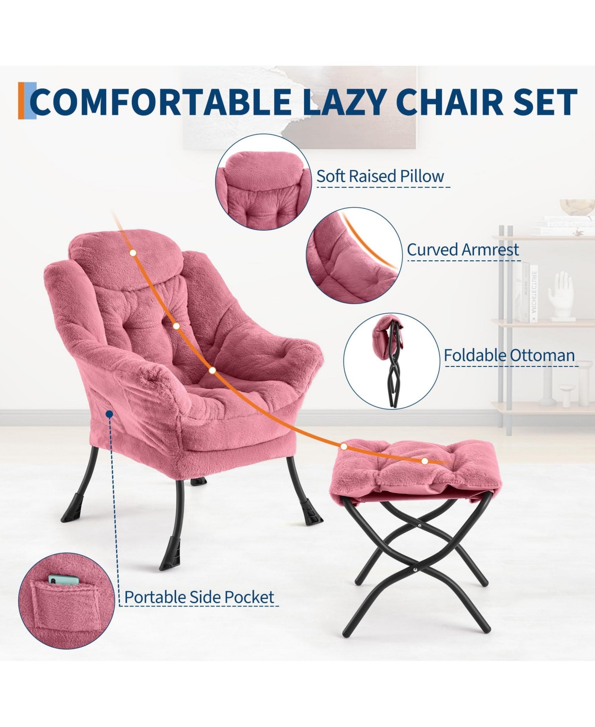 Accent Chair with Ottoman Set of 2 Lazy Chair Faux Fur Reading Chair with Armrest and Side Pocket Metal Legs for Bedroom Living Room Dorm Office