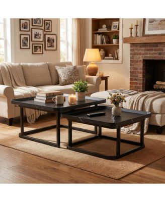 Set of 2 Black Nesting Coffee Tables, Mid-Century Modern Square Stackable Side Tables
