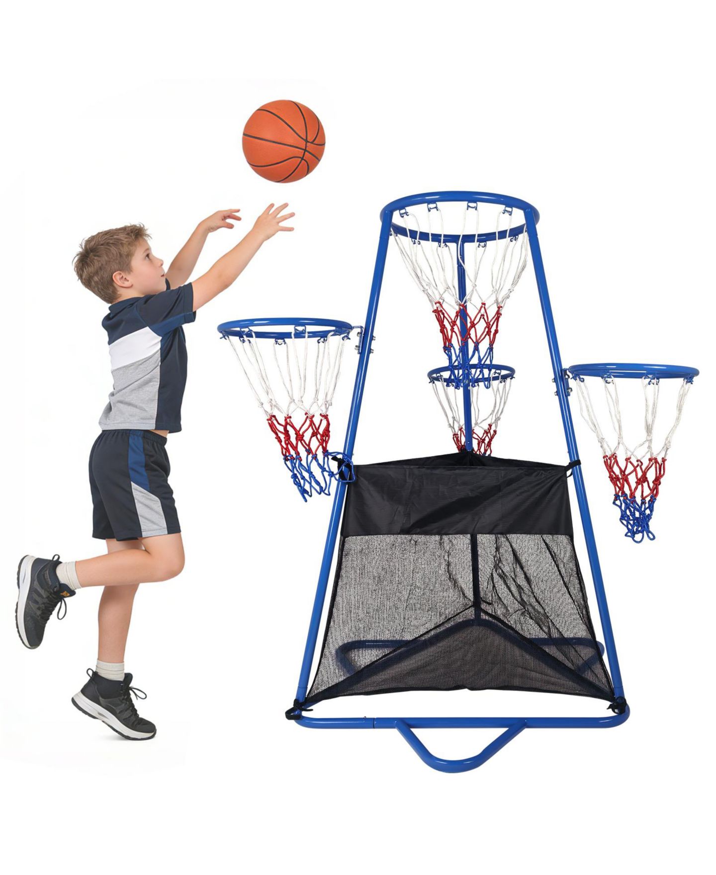 Детская игрушка homfan Compact Adjustable Basketball Hoop Stand, Metal Frame, Indoor-Outdoor with 4 Hoops and 2 Basketballs, Ages 3+ — фото 9