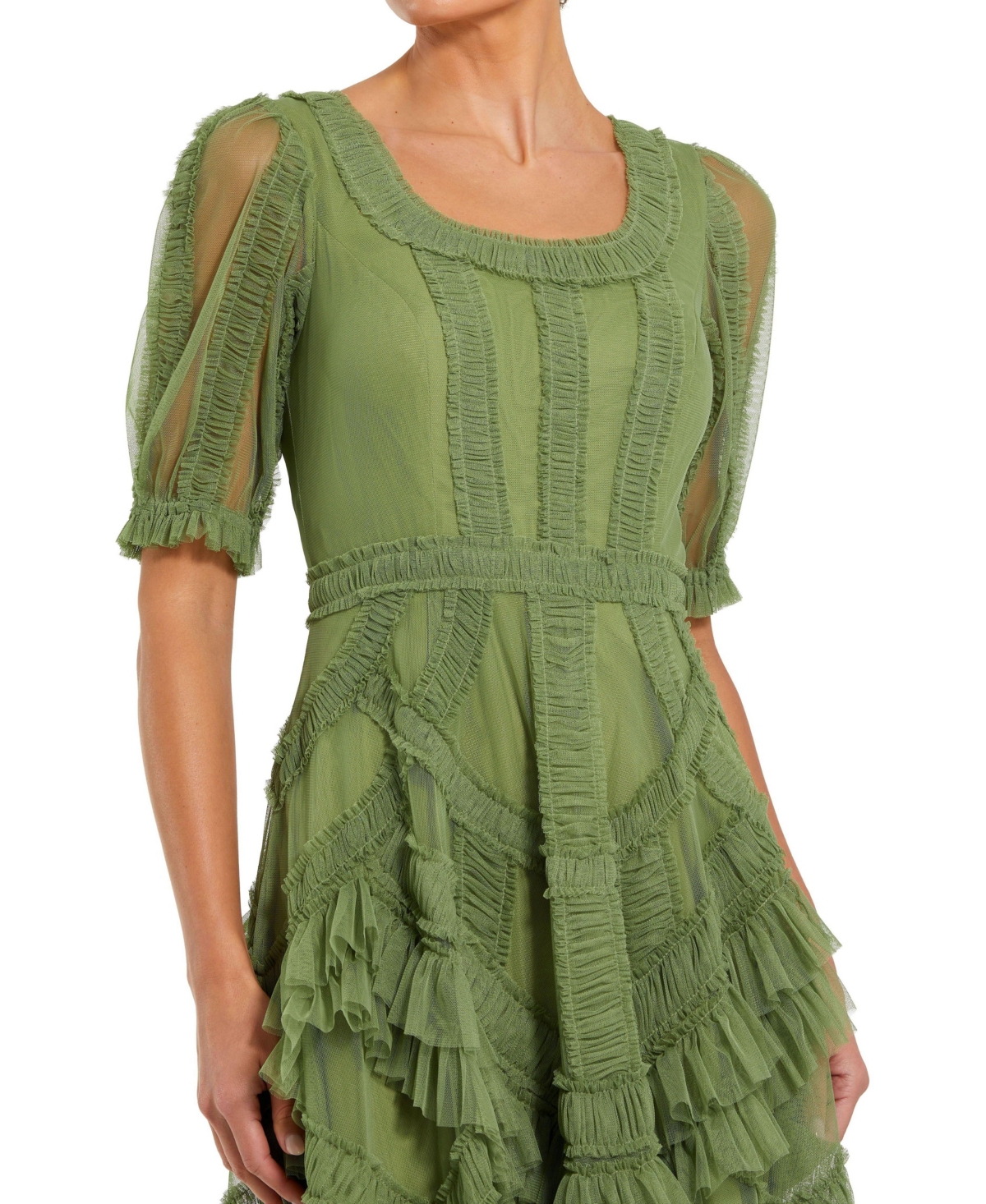Mac Duggal Women's Short Sleeve Mesh Mirco Ruffle Midi Dress