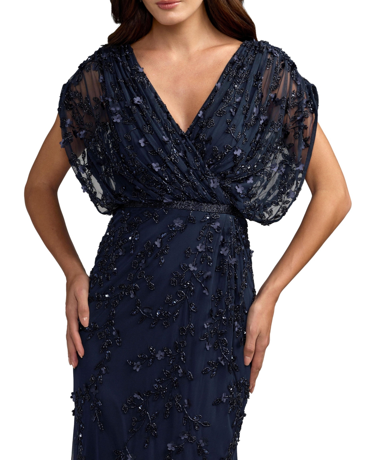 Mac Duggal Women's Beaded Floral Embroidered Mesh Gown