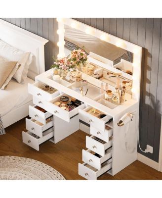 Makeup Vanity Desk - 3-Color Light Mirror, 11 Drawers, 2AC+2USB, Glass Top for Bedroom and Salon, White