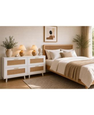 Rattan Nightstands Set of 2 - White Bedside Tables with Charging Station, 4 Drawers, 2AC+2USB for Bedroom Storage