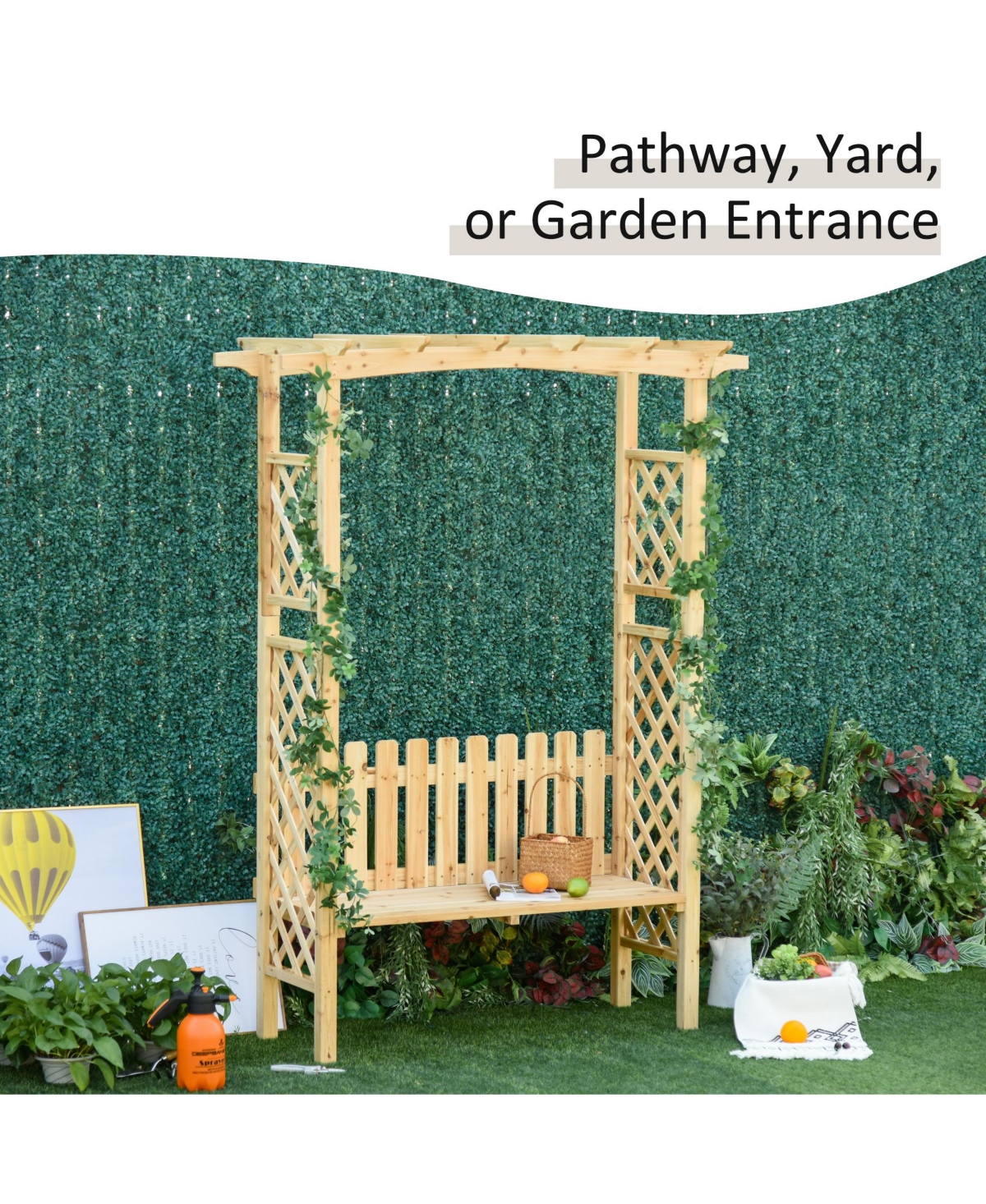 Outsunny Outdoor Garden Bench Arch Pergola with Natural Fir Wood Build, Protective Varnish, & 2 Person Ergonomic Bench