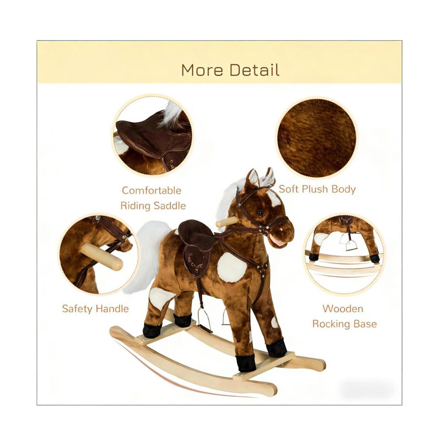 Детская мягкая игрушка YOBTOP Kids Plush Rocking Horse Toy - Toddler Ride On Pony with Tail Wagging and Music, Soft Plush Body, Sturdy Metal Frame, Safe Rocking, цвет: Коричневый — фото 5