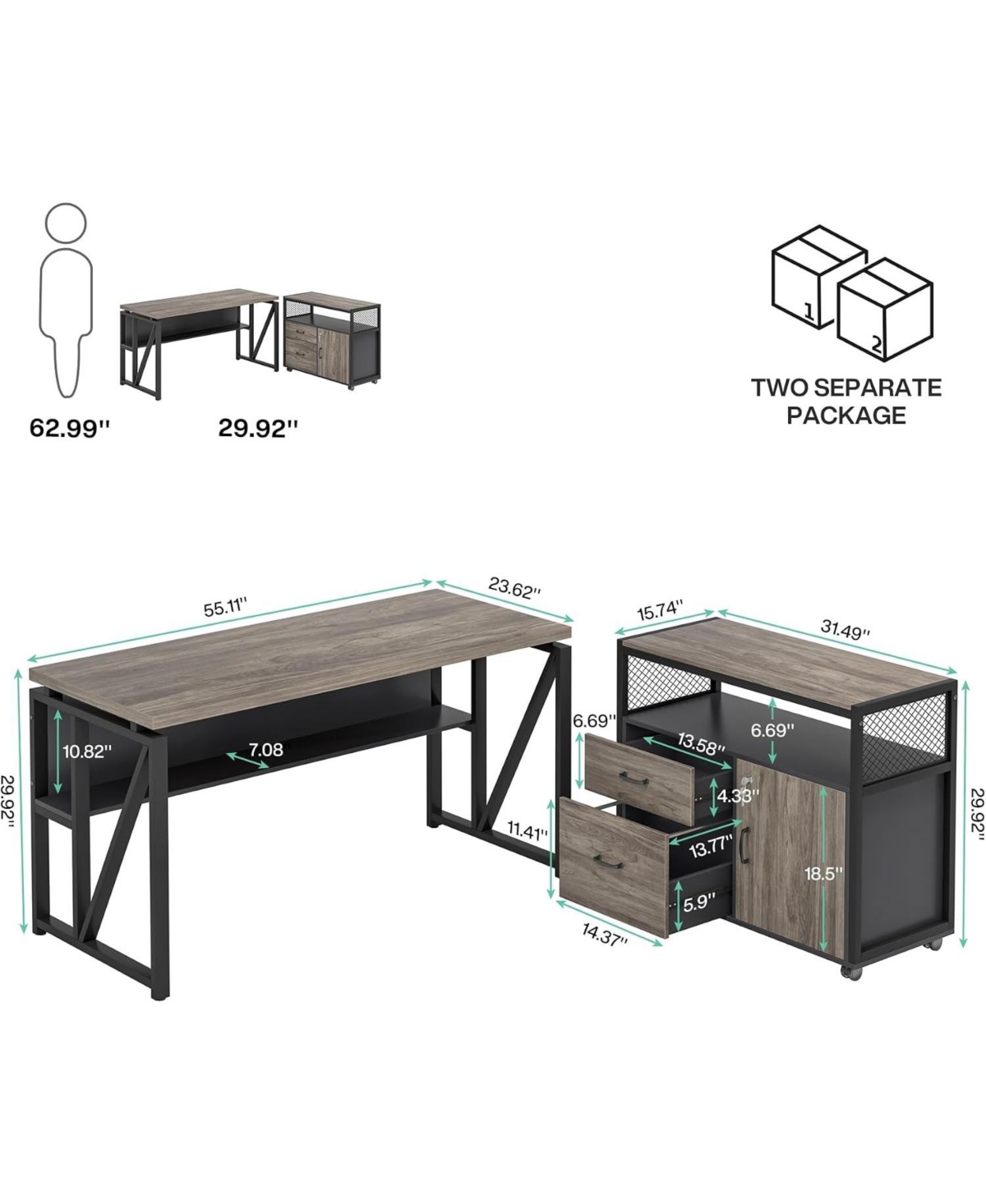 Tribesigns 55" L-Shaped Desk with Mobile File Cabinet
